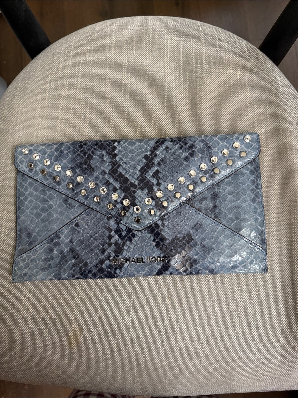 Michael Kors Gray-Blue Snake-Print Studded Envelope Clutch